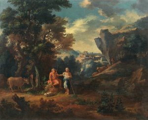 Herdsmen in a rocky landscape by Michele Pagano Oil Painting