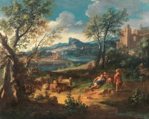 Shepherds resting with their flock by a river by Michele Pagano Oil Painting