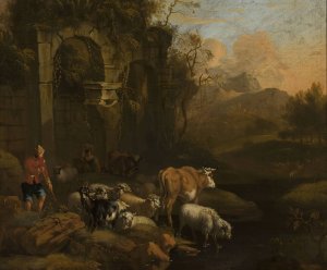 Cattle at the waterhole by Michiel Carree Oil Painting