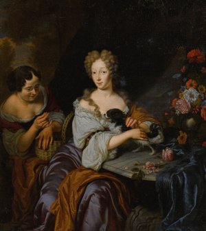 Portrait Of A Lady With Her Dog And A Maid by Michiel Van Musscher Oil Painting