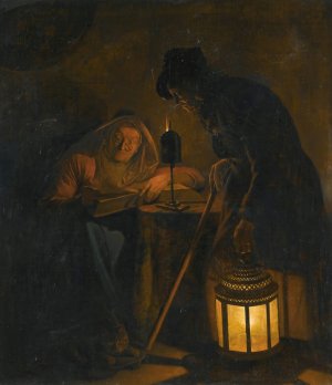 An Interior With An Old Woman Reading By Candlelight And A Man Holding A Lantern by Michiel Versteegh Oil Painting
