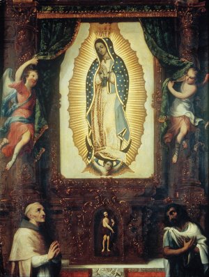 Altarpiece of the Virgin of Guadalupe with Saint John the Baptist, Fray Juan de Zumarraga and Juan Diego by Miguel Cabrera Oil Painting