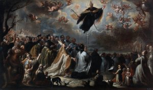 St. Augustine Appears And Puts An End To The Plague Of The Locusts by Miguel Jacinto Menendez Oil Painting