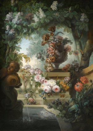 A Garden Scene With An Urn Of Flowers, A Flower Garland And A Fountain Beneath A Canopy Of Wisteria by Miguel Parra Abril Oil Painting