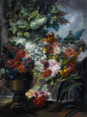 An Outdoor Scene With A Fountain, An Urn And A Basket Of Roses, Peonies, Poppies, Hydrangeas And Other Flowers by Miguel Parra Abril Oil Painting