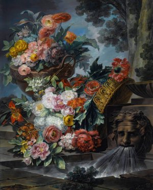 An Outdoor Scene With A Pool Of Water, A Basket And An Urn Filled With Carnations, Roses, Peonies, Lilies, Hydrangeas And Other Flowers by Miguel Parra Abril Oil Painting