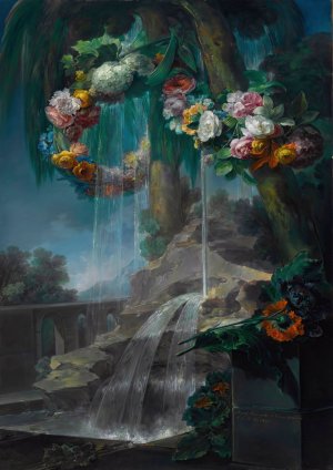An Outdoor Scene With A Spring Flowing Into A Pool, With Garlands Of Flowers And An Aqueduct Beyond by Miguel Parra Abril Oil Painting