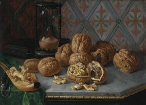 Still Life With Wallnuts, A Pipe And Hourglass On A Grey Marble Ledge by Miguel Parra Abril Oil Painting