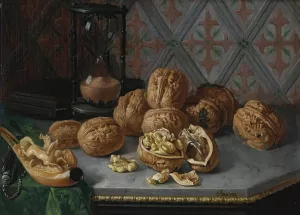 Still Life With Wallnuts, A Pipe And Hourglass On A Grey Marble Ledge Oil painting by Miguel Parra Abril