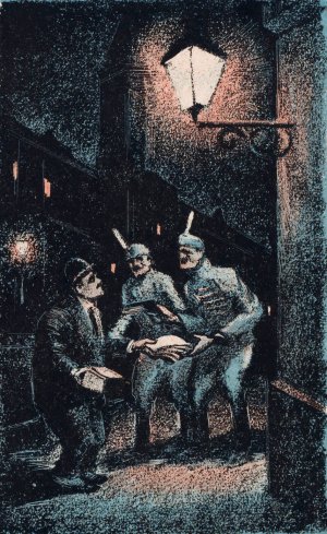 Man overhandigt geld aan twee soldaten onder een straatlantaarn by Mihaly Biro Oil Painting