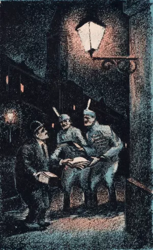 Man overhandigt geld aan twee soldaten onder een straatlantaarn by Mihaly Biro Oil Painting
