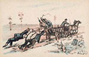 Mannen vastgebonden aan een rijdende wagen worden gegeseld door soldaten by Mihaly Biro Oil Painting