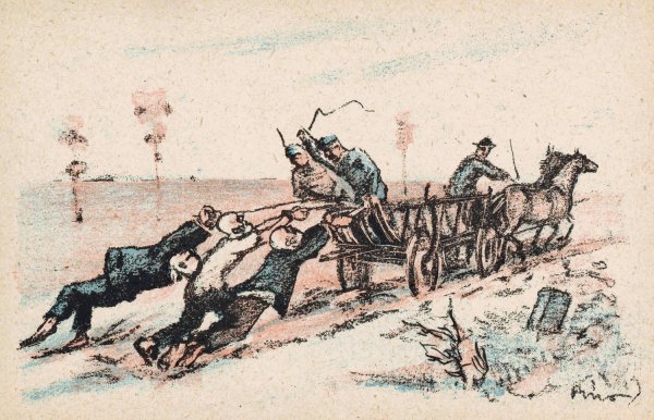 Mannen vastgebonden aan een rijdende wagen worden gegeseld door soldaten  by Mihaly Biro - Hand-Painted Oil Painting Reproduction