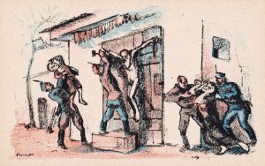 Naakte oude man aan een deur gespijkerd door soldaten die zijn familie dwingen te kijken by Mihaly Biro Oil Painting