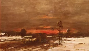 A Winter Landscape at Sunset by Mihaly Munkacsy Oil Painting