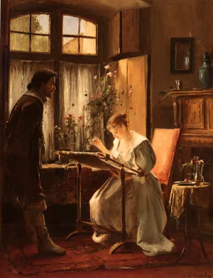 Lady Seated At Her Needlework by Mihaly Munkacsy - Oil Painting Reproduction