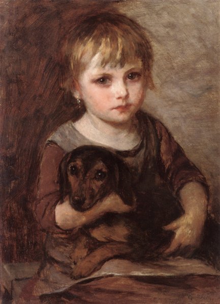 Young Girld and Her Dachshund by Mihaly Munkacsy - Hand-Painted Oil Painting Reproduction