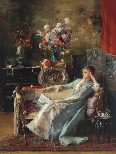 Young Woman sitting on a Sofa  by Mihaly Munkacsy - Hand-Painted Oil Painting Reproduction