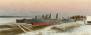 Boats at Dock in Winter by Mikhail Pomeranzev Oil Painting