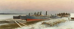 Boats at Dock in Winter by Mikhail Pomeranzev Oil Painting