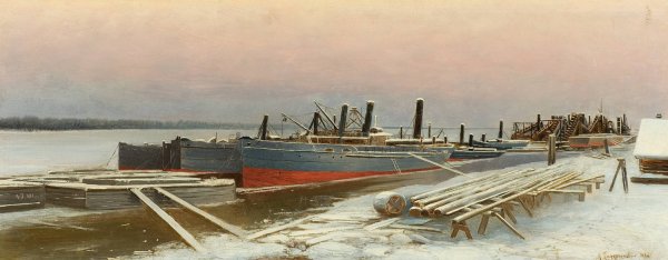Boats at Dock in Winter  by Mikhail Pomeranzev - Hand-Painted Oil Painting Reproduction