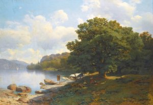 On The Lake Shore by Mikhail Spiridonovich Erassi Oil Painting