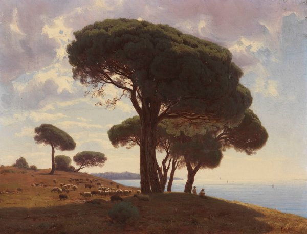 Sudliche Kustenlandschaft mit Schafherde  by Mikhail Spiridonovich Erassi - Hand-Painted Oil Painting Reproduction