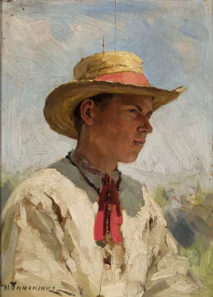 Study of a young boy in a straw hat by Mikolaj K. Pimonienko Oil Painting