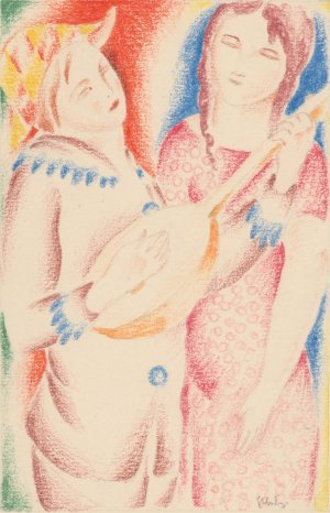 Playing the Mandolin by Mikulas Galanda Oil Painting