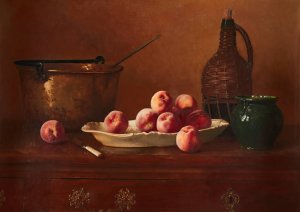 Still Life with Peaches, Brass Pot, Green Jug and Wine Bottle on Commode Top by Milne Ramsey Oil Painting