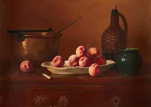 Still Life with Peaches, Brass Pot, Green Jug and Wine Bottle on Commode Top by Milne Ramsey Oil Painting