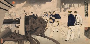 Gun Being Fired from a Warship of the Imperial Navy in the Vicinity of Haiyang Island by Mizuno Toshikata Oil Painting
