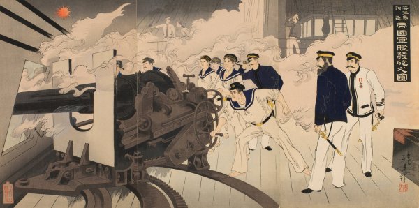 Main Product Photo of Gun Being Fired from a Warship of the Imperial Navy in the Vicinity of Haiyang Island  Painting by Mizuno Toshikata