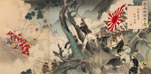 Hurrah and Hurrah Again for the Great Empire of Japan! Great Victory for the Japanese Army in the Assault on Seonghwan by Mizuno Toshikata Oil Painting