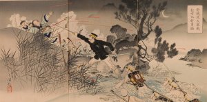 The Bravery of Captain Matsuzaki during the Great Fierce Battle at Anseong Crossing by Mizuno Toshikata Oil Painting
