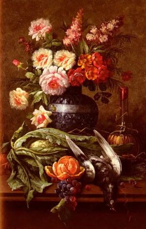 Nature Morte Aux Fleurs Et A L'Orange by Modeste Carlier Oil Painting