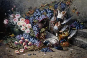 Roses Peaches Grapes and Game by Modeste Carlier - Oil Painting Reproduction