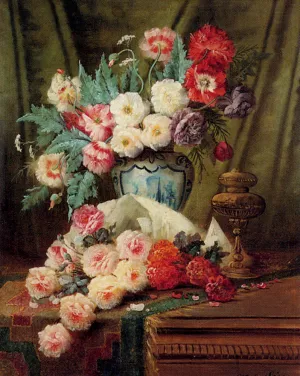 Still Life of Roses and other Flowers on a Draped Table by Modeste Carlier - Oil Painting Reproduction