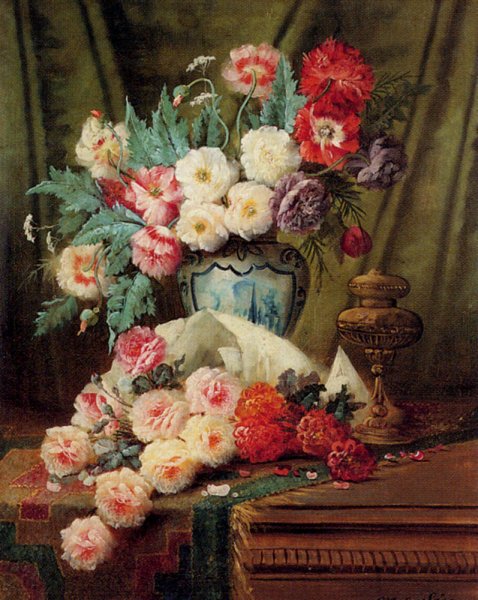 Main Product Photo of Still Life of Roses and other Flowers on a Draped Table Painting by Modeste Carlier