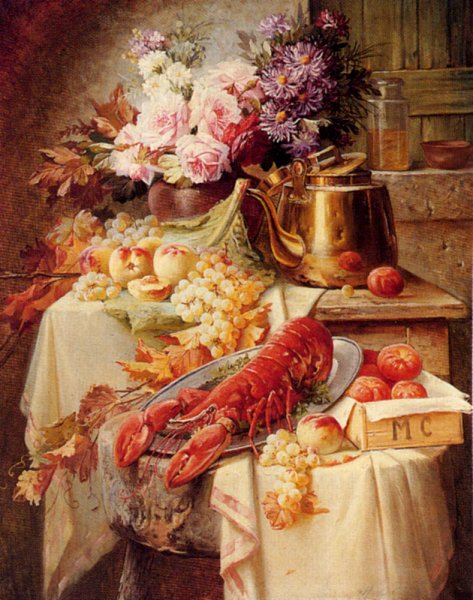Main Product Photo of Still Life with a Lobster and Assorted Fruit and Flowers Painting by Modeste Carlier