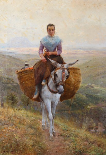 Women Riding a Donkey  by Modesto Teixidor Y Torres - Hand-Painted Oil Painting Reproduction