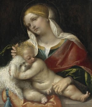Madonna And Child With A Dog by Moretto Da Brescia Oil Painting