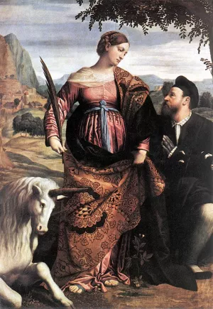 St Justina with the Unicorn by Moretto Da Brescia - Oil Painting Reproduction