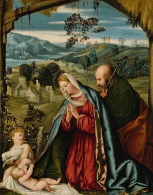 The Holy Family in a Landscape by Moretto Da Brescia Oil Painting