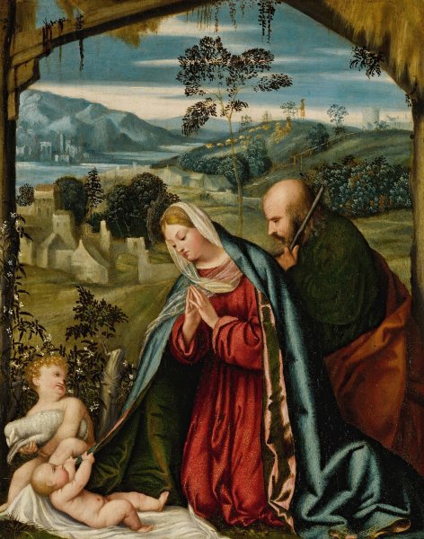 Main Product Photo of The Holy Family in a Landscape Painting by Moretto Da Brescia