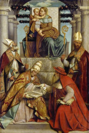Virgin and Child Enthroned with the Four Fathers of the Latin Church by Moretto Da Brescia Oil Painting