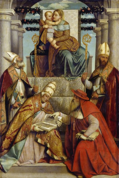 Main Product Photo of Virgin and Child Enthroned with the Four Fathers of the Latin Church  Painting by Moretto Da Brescia