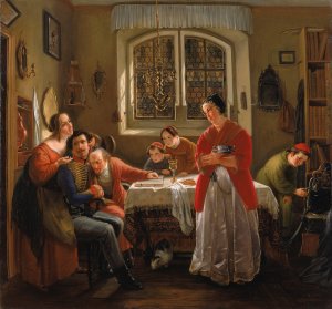 The Return of the Volunteer from the Wars of Liberation to His Family Still Living in Accordance with Old Customs by Moritz Daniel Oppenheim Oil Painting