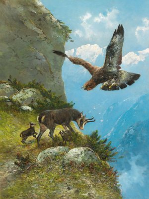 Chamois and Golden Eagle by Moritz Muller Oil Painting