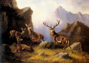 Deer in a Mountainous Landscape by Moritz Muller - Oil Painting Reproduction